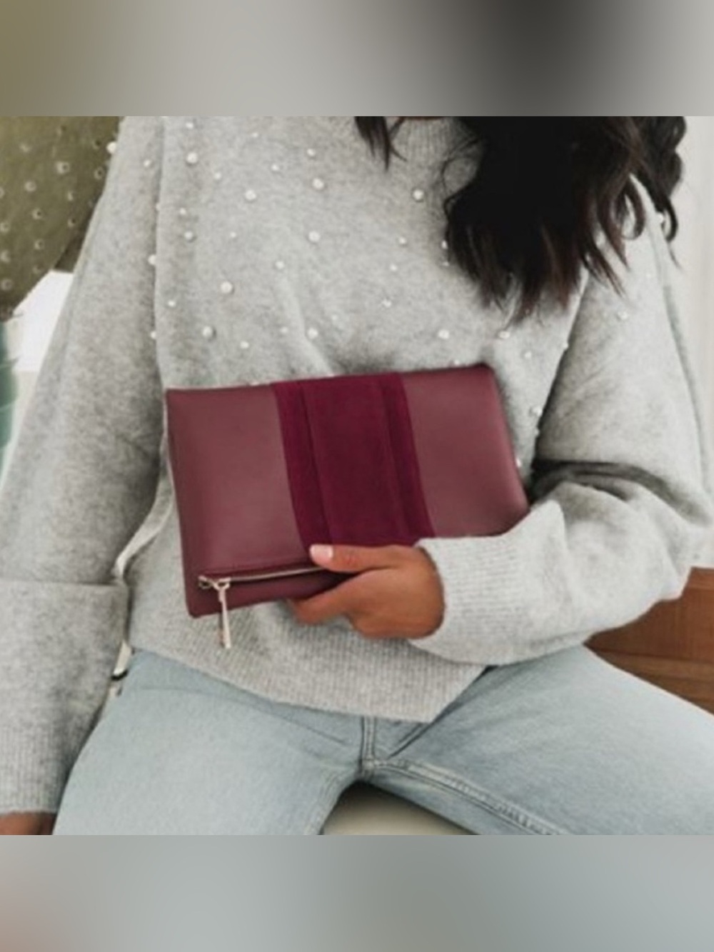 summer & rose Wine Red Fold-Over Clutch with Gold Zipper